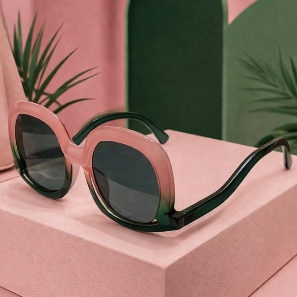 Oversized Two Tone Pink and Green Ombre Square Sunglasses Retro Statement Frames